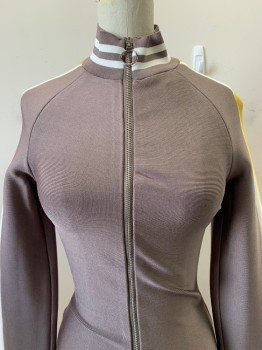 Womens, Dress, MISTRESS ROCKS, Putty/Khaki Gray, White, Yellow, Rayon, Nylon, Solid, Stripes, S, L/S, High Neck, Zip Front, Stripes On Sleeves, neck, And Bottom