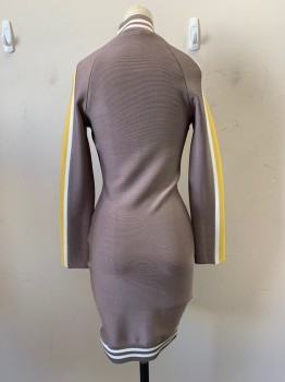 MISTRESS ROCKS, Putty/Khaki Gray, White, Yellow, Rayon, Nylon, Solid, Stripes, L/S, High Neck, Zip Front, Stripes On Sleeves, neck, And Bottom