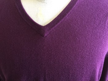Mens, Pullover Sweater, JCREW, Wine Red, Wool, Solid, L, V-neck, Long Sleeves,
