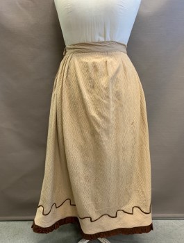 MTO, Ecru, Brown, Cotton, Silk, Solid, Abstract , Full Length, Allover Woodgrain Self Pattern, Wavelike Scallop with Brown Silk Faille Edging and Gathered Detail Along Front Hem, Stain, Hook & Eyes And Snap Closures On Right Side *Some Holes*
