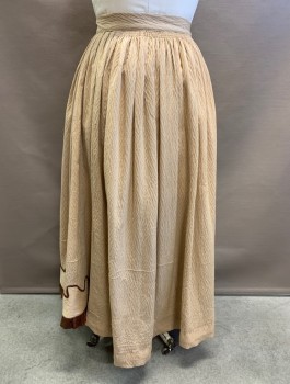 MTO, Ecru, Brown, Cotton, Silk, Solid, Abstract , Full Length, Allover Woodgrain Self Pattern, Wavelike Scallop with Brown Silk Faille Edging and Gathered Detail Along Front Hem, Stain, Hook & Eyes And Snap Closures On Right Side *Some Holes*