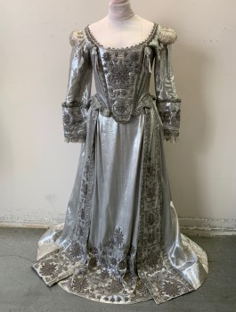 Womens, Historical Fict 2 Piece Dress, PERIOD CORSETS, Silver, Synthetic, Solid, B 34, Silver Beaded Heavy Embroidery Front, Stomacher, Scoop Neck with Lace Trim, Silver Ribbon Bow Tie Detail, Poof Inset Sleeve, Embroidered Lower Cuff with Lace Trim, Lace Up Back, Medieval/Renaissance