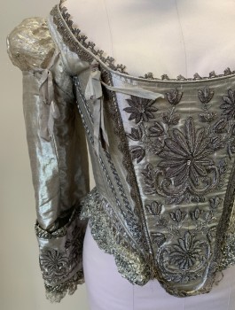PERIOD CORSETS, Silver, Synthetic, Solid, Silver Beaded Heavy Embroidery Front, Stomacher, Scoop Neck with Lace Trim, Silver Ribbon Bow Tie Detail, Poof Inset Sleeve, Embroidered Lower Cuff with Lace Trim, Lace Up Back, Medieval/Renaissance