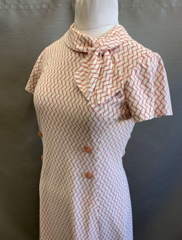 N/L, Off White, Red, Polyester, Geometric, Short Sleeves, Round Cowl-Neck with Self Bow/Knot Detail, 4 Peach Buttons in "Double Breasted" Formation at Waist, 2 Box Pleats at Either Side of Hem, Knee Length,