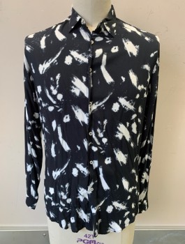 ZARA, Black, White, Viscose, Abstract , L/S, Button Front, Collar Attached, No Pocket