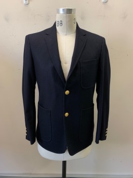Mens, Sportcoat/Blazer, BLACK FLEECE, Navy Blue, Wool, Cotton, Solid, 38S, Single Breasted, 2 Buttons, Notched Lapel, 3 Pockets,