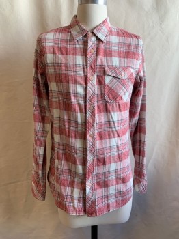 O'NEILL, Faded Red, White, Black, Cotton, Plaid, Button Front, Collar Attached, Long Sleeves, Button Cuff, 1 Flap Patch Pocket