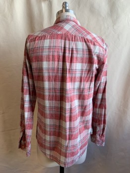 O'NEILL, Faded Red, White, Black, Cotton, Plaid, Button Front, Collar Attached, Long Sleeves, Button Cuff, 1 Flap Patch Pocket