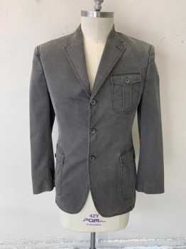 Mens, Sportcoat/Blazer, DKNY, Olive Green, Cotton, 42R, Notched Lapel, Single Breasted, Button Front, 3 Buttons, 3 Pockets *Faded