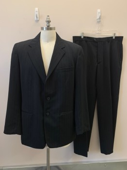CLAIBORNE, Black, Gray, Polyester, Stripes - Pin, 2 Buttons, Single Breasted, Notched Lapel, 3 Pockets,