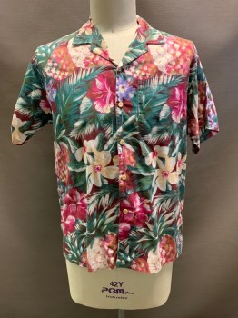 KULA BAY, Maroon Red, Green, Off White, Fuchsia Pink, Periwinkle Blue, Cotton, Hawaiian Print, S/S, Button Front, Collar Attached, Chest Pocket