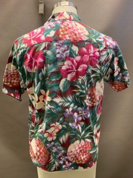 KULA BAY, Maroon Red, Green, Off White, Fuchsia Pink, Periwinkle Blue, Cotton, Hawaiian Print, S/S, Button Front, Collar Attached, Chest Pocket