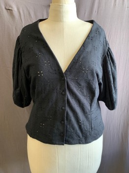 Womens, Top, H&M, Black, Neon Pink, Cotton, Elastane, XL, All Over Eyelet, V-N, Button Front, 3/4 Sleeves, Elastic Cuffs