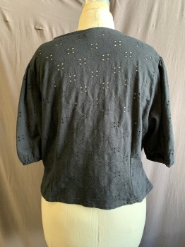 Womens, Top, H&M, Black, Neon Pink, Cotton, Elastane, XL, All Over Eyelet, V-N, Button Front, 3/4 Sleeves, Elastic Cuffs