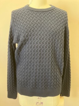 Mens, Pullover Sweater, BANANA REPUBLIC, Navy Blue, Cotton, Solid, Cable Knit, L, L/S, CN,