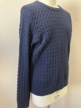 Mens, Pullover Sweater, BANANA REPUBLIC, Navy Blue, Cotton, Solid, Cable Knit, L, L/S, CN,