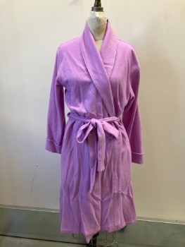CASHMERE BOUTIQUE, Lilac Purple, Cashmere, Solid, Shawl Collar with Satin Piping, Tie Inside Waist, Stitched Cuff Sleeves, 2 Pckts On Side Seams, Belt Loops, Taken In At Bust At Side Seams,  MATCHING BELT