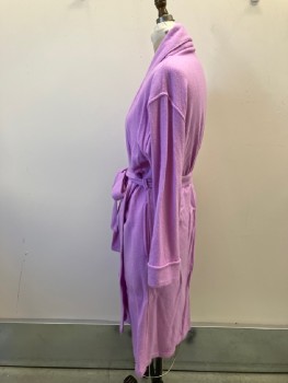 Womens, SPA Robe, CASHMERE BOUTIQUE, Lilac Purple, Cashmere, Solid, S/M, Shawl Collar with Satin Piping, Tie Inside Waist, Stitched Cuff Sleeves, 2 Pckts On Side Seams, Belt Loops, Taken In At Bust At Side Seams,  MATCHING BELT