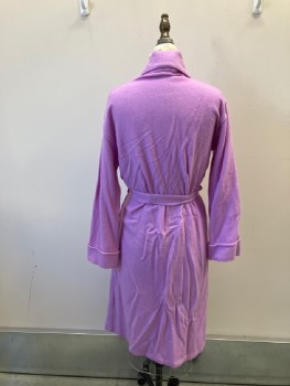 Womens, SPA Robe, CASHMERE BOUTIQUE, Lilac Purple, Cashmere, Solid, S/M, Shawl Collar with Satin Piping, Tie Inside Waist, Stitched Cuff Sleeves, 2 Pckts On Side Seams, Belt Loops, Taken In At Bust At Side Seams,  MATCHING BELT
