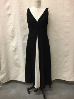 Womens, Evening Gown, ANNE KLEIN, Black, Cream, Silk, Solid, 6, V Neck, Sleeveless, Cross Over Rushed Front With Cream Detail At V-neck, Cream Godet,  Center Panel