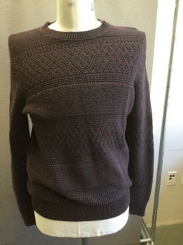 Mens, Pullover Sweater, BANANA REPUBLIC, Red Burgundy, Dk Gray, Cotton, 2 Color Weave, L, Woven Knit, Crew Neck