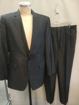 Mens, Suit, Jacket, N/L, Gray, Lt Gray, Polyester, Wool, Birds Eye Weave, Solid, 42R, Dark Gray with Light Gray Specked Weave (Has A Bit Of A Shine To It, Almost Like Sharkskin), Single Breasted, Notched Lapel, 2 Buttons,  3 Pockets