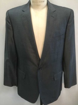 Mens, Suit, Jacket, N/L, Gray, Lt Gray, Polyester, Wool, Birds Eye Weave, Solid, 42R, Dark Gray with Light Gray Specked Weave (Has A Bit Of A Shine To It, Almost Like Sharkskin), Single Breasted, Notched Lapel, 2 Buttons,  3 Pockets