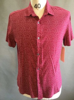TREASURE AND BOND, Cranberry Red, White, Rayon, Speckled, Short Sleeve,  Button Front, Collar Attached,