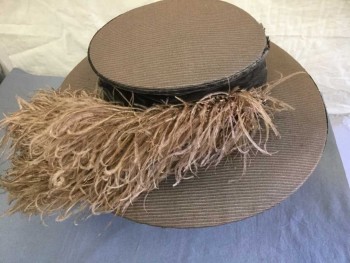 JOSEPH HORNE CO, Taupe, Charcoal Gray, Wool, Feathers, Solid, Taupe Ribbed Fabric, 3.5" Brim, Flat Crown, Charcoal Velvet on Edge of Crown, Large Taupe Ostrich Feather, **Some Wear on Velvet Band,