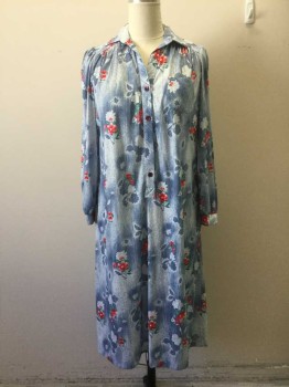 CB, Blue, Red, White, Green, Polyester, Floral, Polyester Knit with Floral Print. Button Placet, Collar Attached, 1 Pocket, Long Sleeves, Length to Below Knee. 1 Button Missing