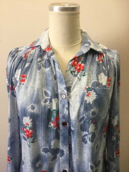 CB, Blue, Red, White, Green, Polyester, Floral, Polyester Knit with Floral Print. Button Placet, Collar Attached, 1 Pocket, Long Sleeves, Length to Below Knee. 1 Button Missing