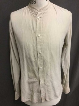 N/L, Ecru, Cotton, Solid, Long Sleeve Button Front, Band Collar,  Lightly Aged/Worn
