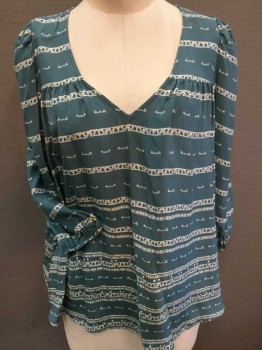 GREAT, Teal Green, Cream, Polyester, Floral, Stripes - Horizontal , Teal Green W/small Cream Floral Horizontal Stripes Print, V-neck, Pleat Yoke, Puffy 3/4 Sleeves W/elastic Cuffs