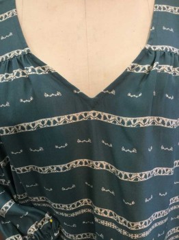 GREAT, Teal Green, Cream, Polyester, Floral, Stripes - Horizontal , Teal Green W/small Cream Floral Horizontal Stripes Print, V-neck, Pleat Yoke, Puffy 3/4 Sleeves W/elastic Cuffs