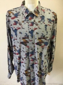 PERRY ELLIS, Lt Gray, Blue, Magenta Purple, Goldenrod Yellow, Black, Cotton, Ikat, Ikat Print, Long Sleeves, Button Front, Collar Attached,