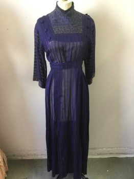 MTO, Aubergine Purple, Purple, Wool, Synthetic, Stripes, Floral, Floral Lace Yoke , Light Weight Sheer Wool with Solid Purple Stripes, Long Sleeves, High Collar Neck, Covered Buttons on Shoulders, Hooks and Bars Center Back, Small Mended Holes All Over,