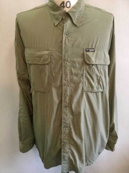 COLUMBIA, Olive Green, Nylon, Polyester, Solid, Outdoor/Camping Wear, Self Grid Texture Fabric, Long Sleeve Button Front, Collar Attached, 2 Flap Pockets, Columbia Logo On One Pocket