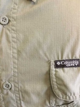 COLUMBIA, Olive Green, Nylon, Polyester, Solid, Outdoor/Camping Wear, Self Grid Texture Fabric, Long Sleeve Button Front, Collar Attached, 2 Flap Pockets, Columbia Logo On One Pocket