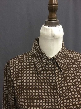 Womens, Blouse, NEW YORK & CO, Dk Brown, Beige, Cream, Polyester, Lycra, Geometric, S, Long Sleeves, Collar Attached, Button Front,