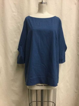 Womens, Top, COS, Blue, Wool, Spandex, Heathered, 10, Heather Blue, Round Neck,  3/4 Gathered Sleeve