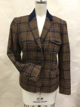 Womens, Blazer, BROOKS BROTHERS, Brown, Navy Blue, Rust Orange, Tan Brown, Wool, Plaid, 4, Single Breasted, 3 Buttons,  3 Flap Pocket, 1/3 Corduroy Notched Lapel & Elbow Patches