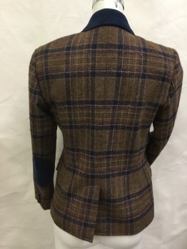 Womens, Blazer, BROOKS BROTHERS, Brown, Navy Blue, Rust Orange, Tan Brown, Wool, Plaid, 4, Single Breasted, 3 Buttons,  3 Flap Pocket, 1/3 Corduroy Notched Lapel & Elbow Patches