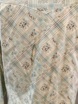 BUFFALO, Cream, Ice Blue, Gray, Lt Gray, Cotton, Plaid, Floral, Opalescent Snap Button Front, Collar Attached, 2 Flap Snap Pockets, Western Yoke (Stain on Left Sleeve and Back)