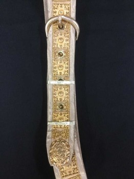 Unisex, Historical Fiction Belt, N/L, Gold, Synthetic, Metallic/Metal, Geometric, Shimmer Gold W/square Medallion & Gold Buckle, 2 Fabric Gold Bars, See Photo Attached,