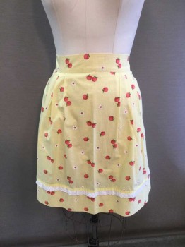 N/L, Yellow, White, Red, Green, Cotton, Check , Novelty Pattern, Apple and Flower Print Over Yellow/White Check, Pleated Front, Tie Back Waist, White Eyelet Ruffle Near Hem, 2 Red Piped Pockets