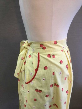 N/L, Yellow, White, Red, Green, Cotton, Check , Novelty Pattern, Apple and Flower Print Over Yellow/White Check, Pleated Front, Tie Back Waist, White Eyelet Ruffle Near Hem, 2 Red Piped Pockets