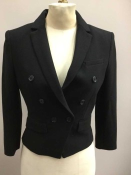 Womens, Blazer, H&M, Black, Polyester, Viscose, Solid, 2, Self Textured, Single Breasted, 6 Buttons, 3 Pockets, Collar Attached,  Notched Lapel, 3/4 Sleeves,