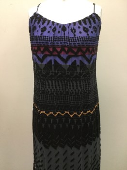 Womens, Evening Gown, CYNTHIA VINCENT, Black, Purple, Raspberry Pink, Orange, Silk, Viscose, Geometric, S, Black Velvet Devore with Strips of Purple, Raspberry and Orange. Adjustable Spag Straps, Gathers at Scoop Neck, Sleeveless. Slits at Side Seams