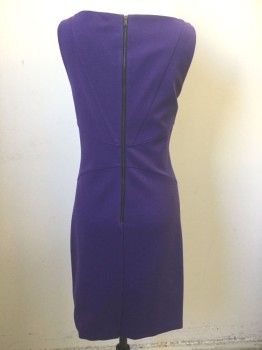 KOBI HALPERIN, Purple, Rayon, Nylon, Solid, Sleeveless, Wide V-neck, Seam Down Center Front, Ruched at Middle, Sheath Dress, Knee Length