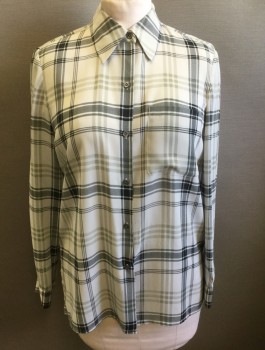 LIZ CLAIBORNE, Lt Gray, Black, Gray, Polyester, Plaid, Sheer Chiffon, Long Sleeve Button Front, Collar Attached, 1 Patch Pocket, Oversized Fit